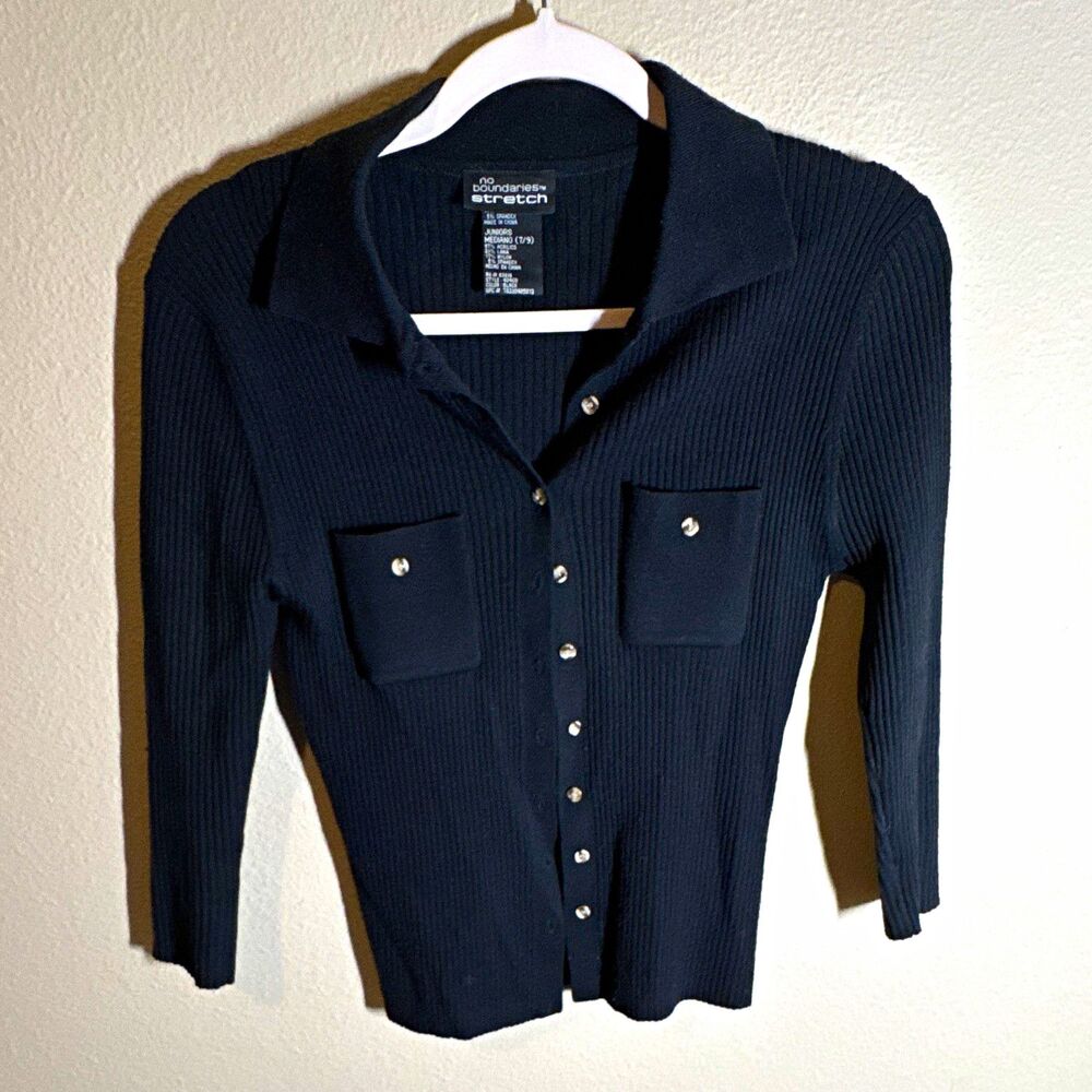 No Boundaries Stretch Juniors Rib-Knit Button Front Cardigan Black M